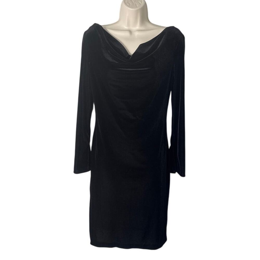 BCBG Paris Vintage Black Velvet Drape‎ Neck Long Sleeve Dress Size S